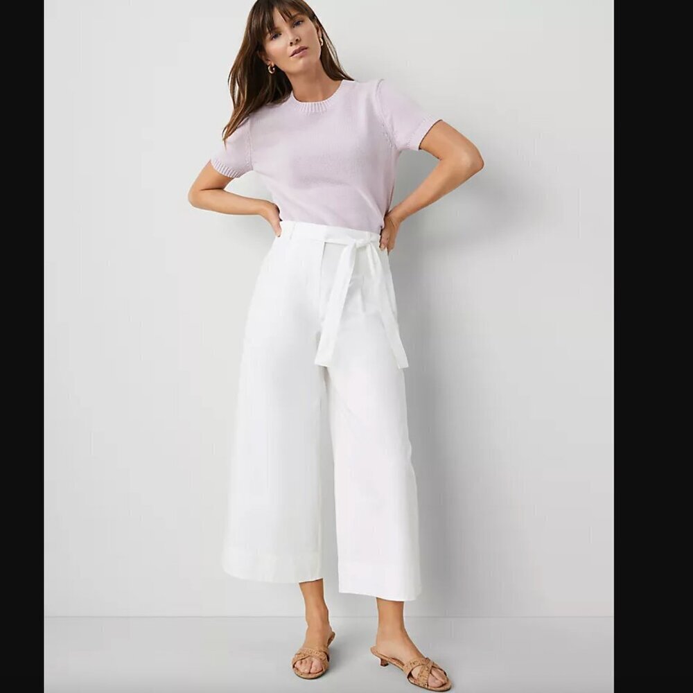Ann Taylor Women's White Wide Leg Cropped Fabric Belt Pants (sz 4)